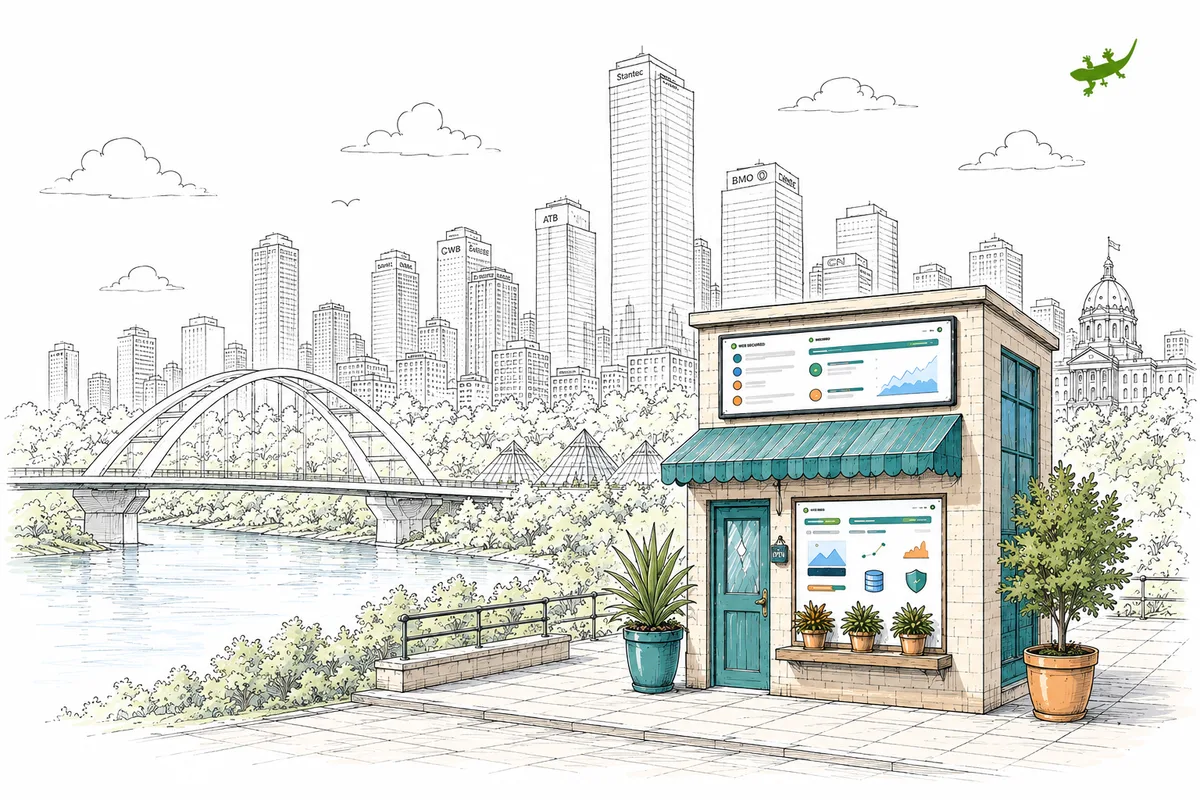 Illustration of a small website storefront beside the Edmonton river valley skyline